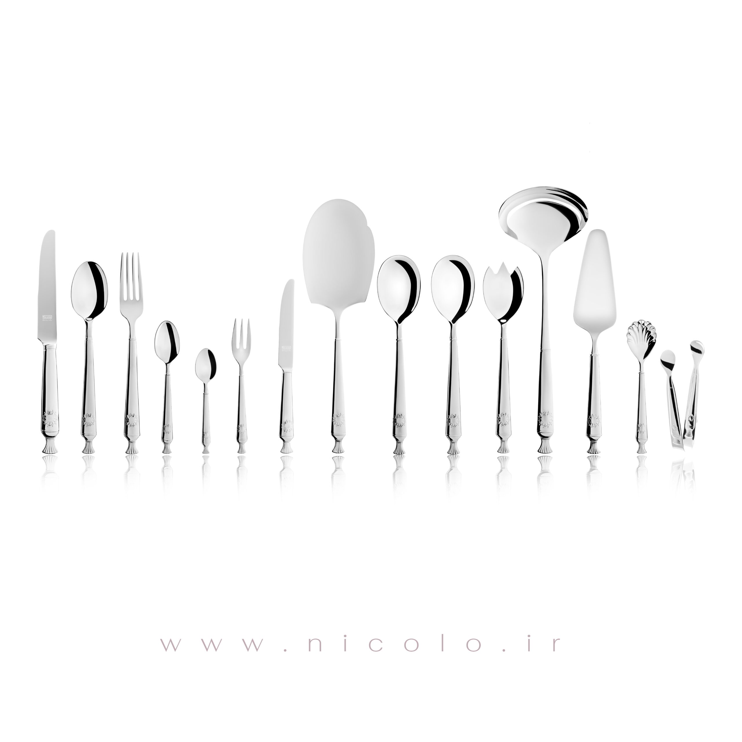 سرویس قاشق و چنگال ۵۰ پارچه نیکولو مدل رویال نقره ای(جعبه طلایی)